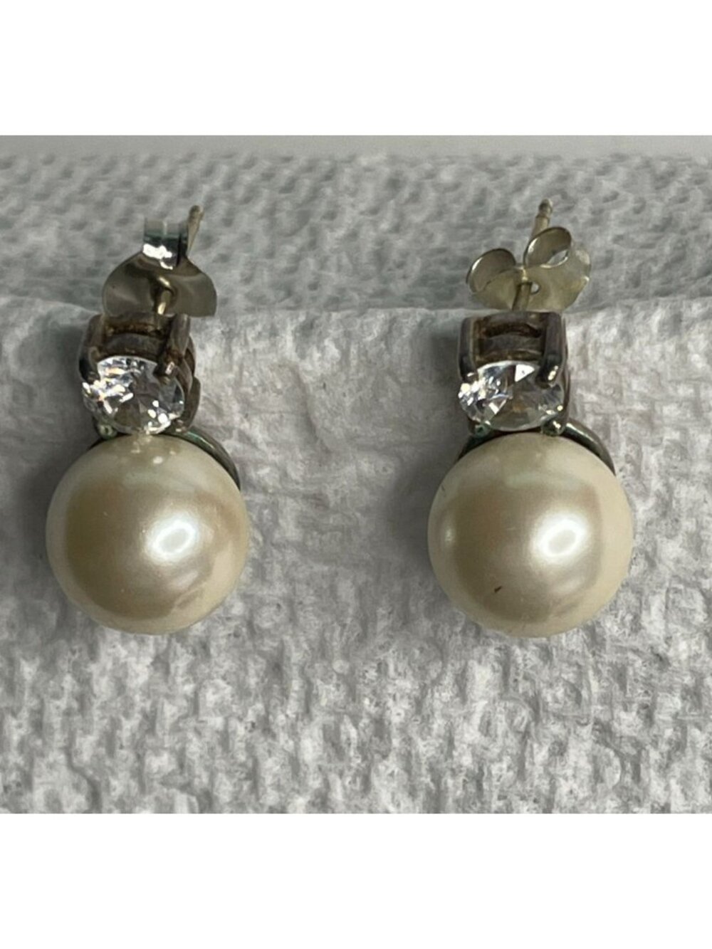 Vintage 925 Sterling Silver 5/8" Faux Pearl & Cubic Zirconia Drop Post Earrings